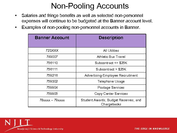 Non-Pooling Accounts • • Salaries and fringe benefits as well as selected non-personnel expenses
