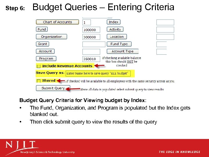 Step 6: Budget Queries – Entering Criteria Budget Query Criteria for Viewing budget by