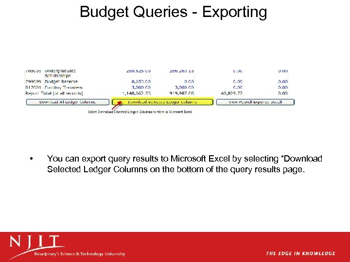 Budget Queries - Exporting • You can export query results to Microsoft Excel by