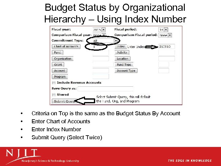 Budget Status by Organizational Hierarchy – Using Index Number • • Criteria on Top