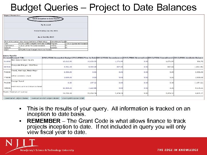 Budget Queries – Project to Date Balances This is the results of your query.