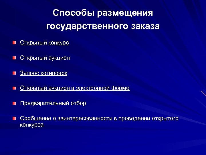 Способы размещения государственного заказа Открытый конкурс Открытый аукцион Запрос котировок Открытый аукцион в электронной