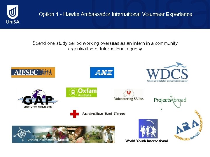 Option 1 - Hawke Ambassador International Volunteer Experience Spend one study period working overseas