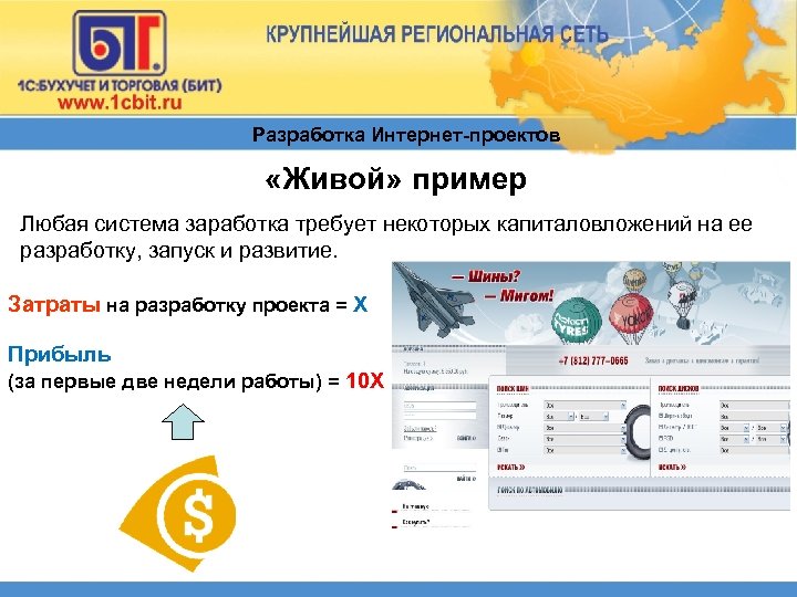 Разработка Интернет-проектов «Живой» пример Любая система заработка требует некоторых капиталовложений на ее разработку, запуск