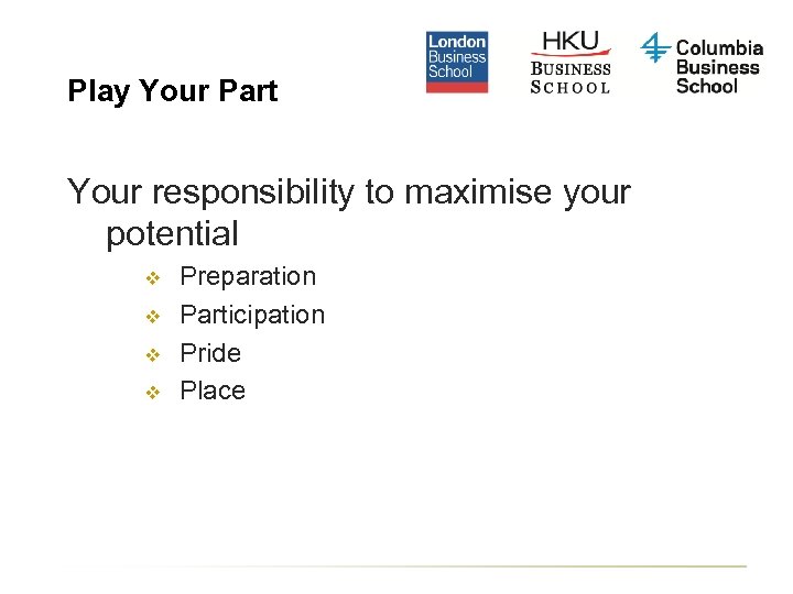 Play Your Part Your responsibility to maximise your potential v v Preparation Participation Pride