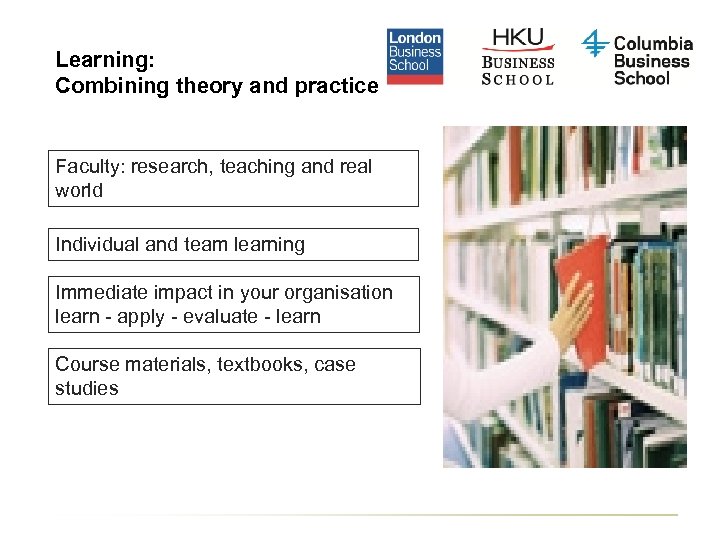 Learning: Combining theory and practice Faculty: research, teaching and real world Individual and team
