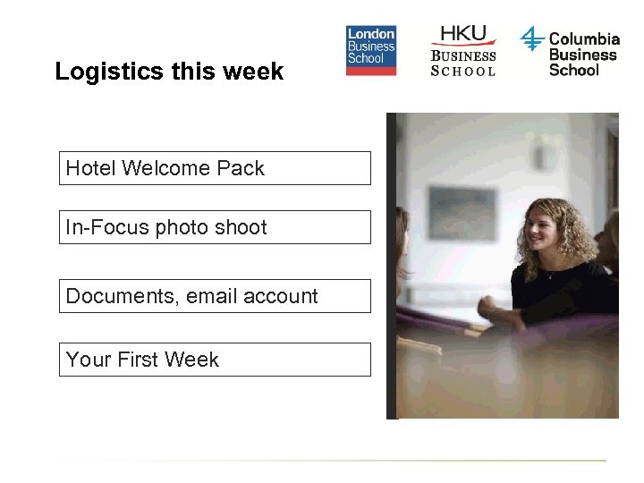 Logistics this week Hotel Welcome Pack In-Focus photo shoot Documents, email account Your First