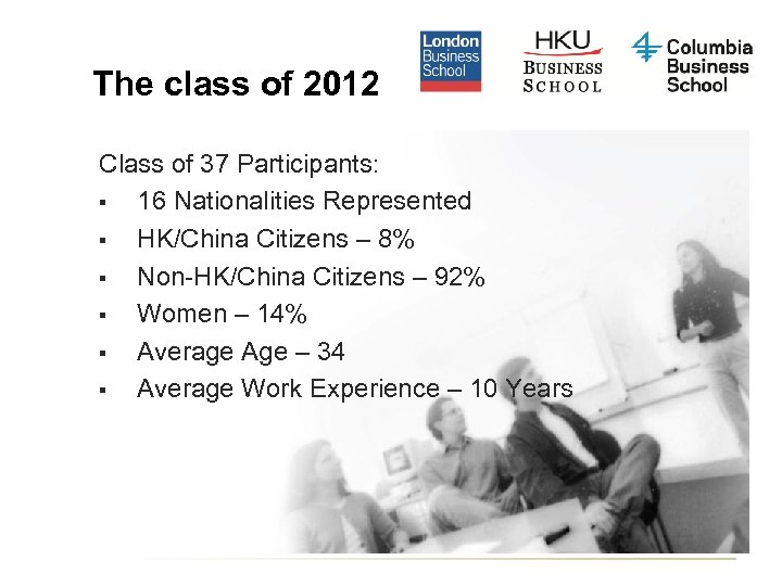 The class of 2012 Class of 37 Participants: § 16 Nationalities Represented § HK/China