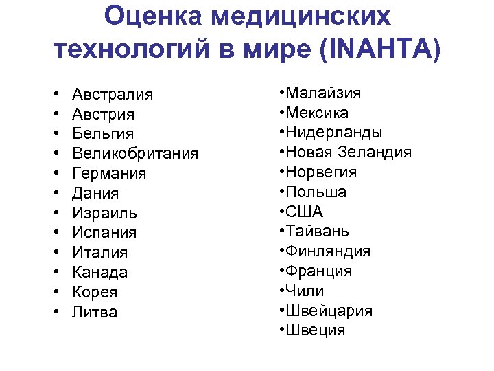 Оценка медицинских технологий в мире (INAHTA) • • • Австралия Австрия Бельгия Великобритания Германия