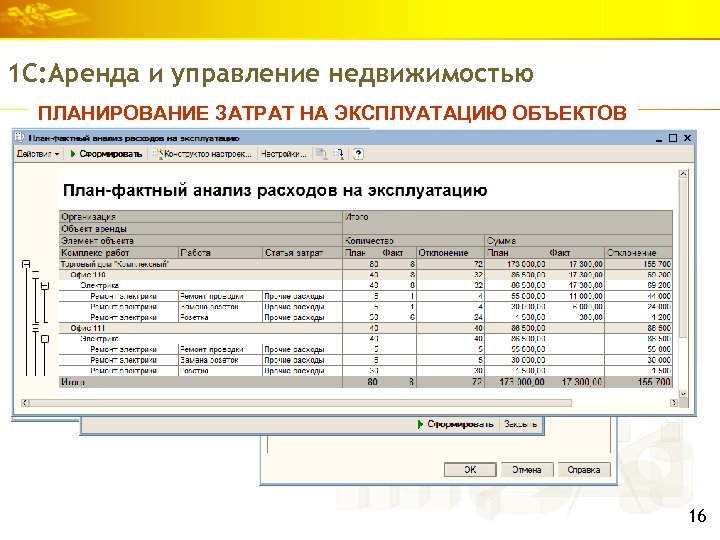 1 С: Аренда и управление недвижимостью ПЛАНИРОВАНИЕ ЗАТРАТ НА ЭКСПЛУАТАЦИЮ ОБЪЕКТОВ 16 