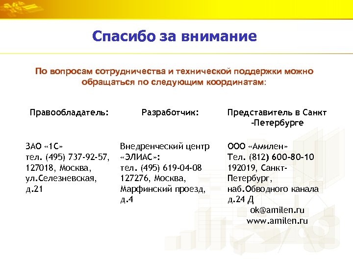 Спасибо за внимание По вопросам сотрудничества и технической поддержки можно обращаться по следующим координатам: