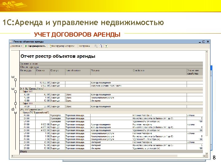 1 С: Аренда и управление недвижимостью УЧЕТ ДОГОВОРОВ АРЕНДЫ 8 