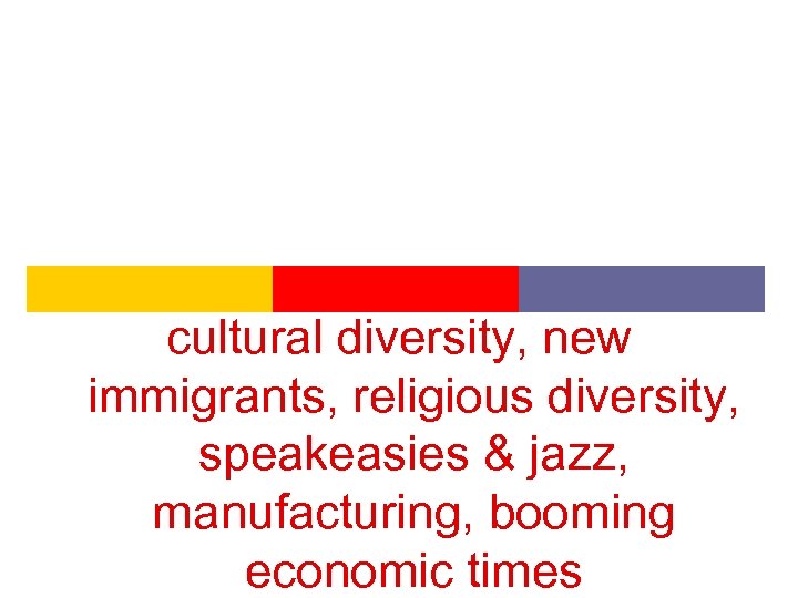 cultural diversity, new immigrants, religious diversity, speakeasies & jazz, manufacturing, booming economic times 