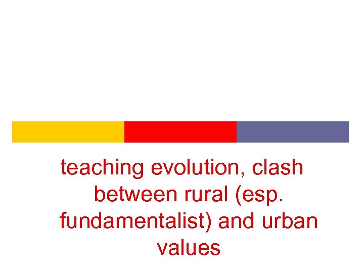 teaching evolution, clash between rural (esp. fundamentalist) and urban values 