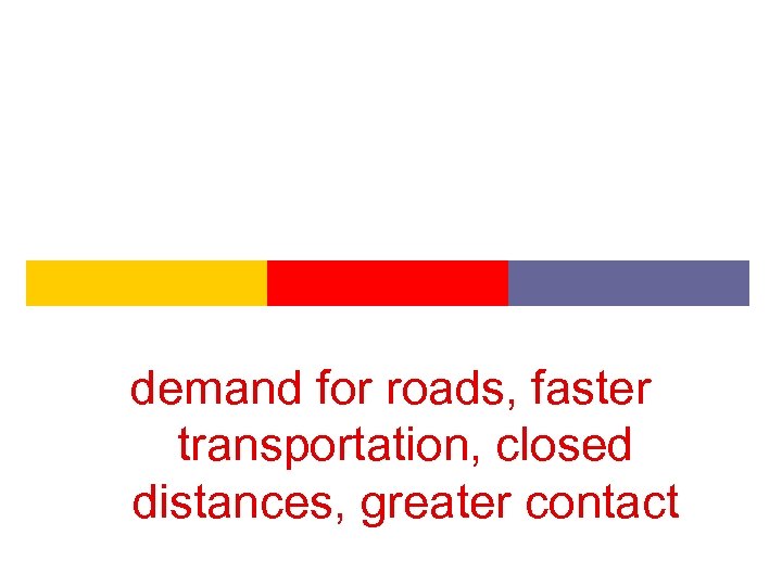 demand for roads, faster transportation, closed distances, greater contact 