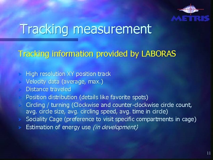 Tracking measurement Tracking information provided by LABORAS Ø Ø Ø Ø High resolution XY