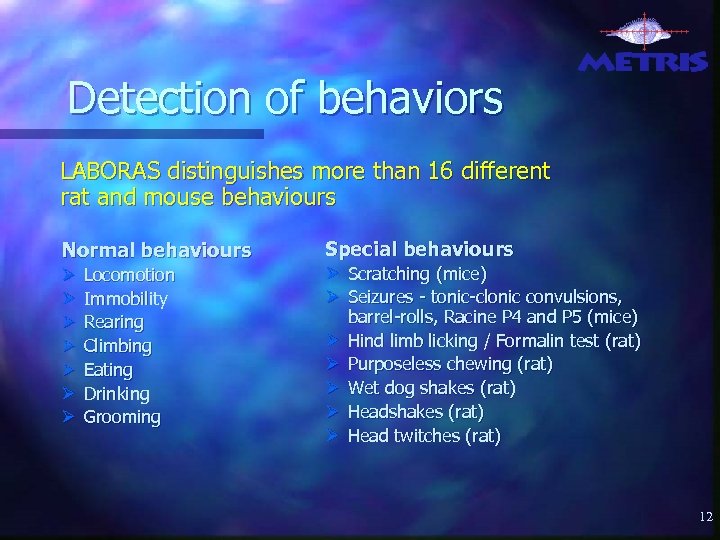 Detection of behaviors LABORAS distinguishes more than 16 different rat and mouse behaviours Normal