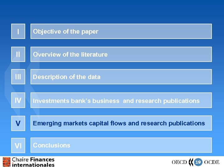 I Objective of the paper II Overview of the literature III Description of the
