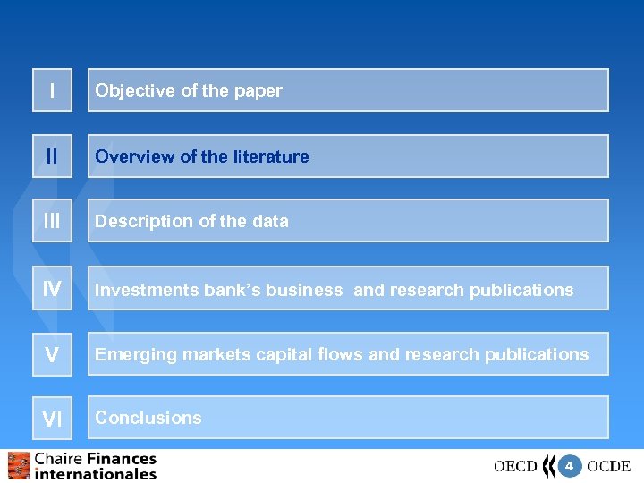 I Objective of the paper II Overview of the literature III Description of the