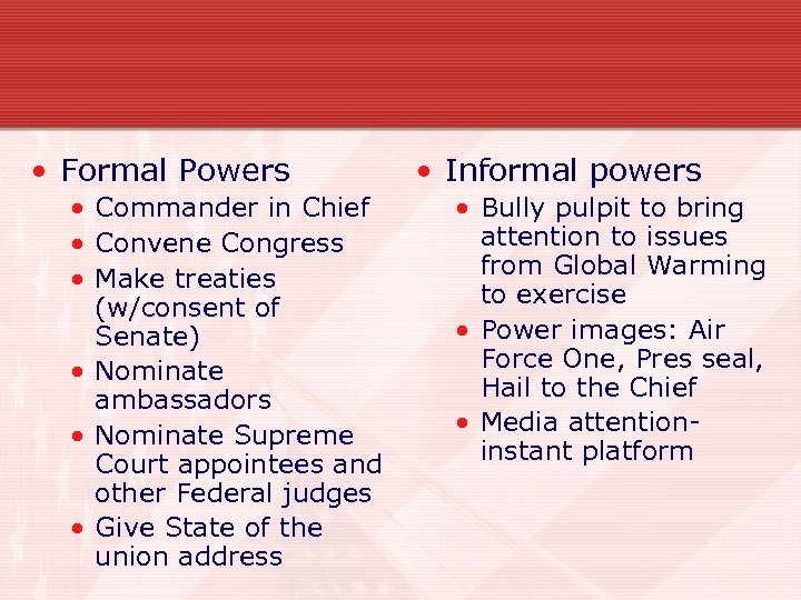  • Formal Powers • Commander in Chief • Convene Congress • Make treaties