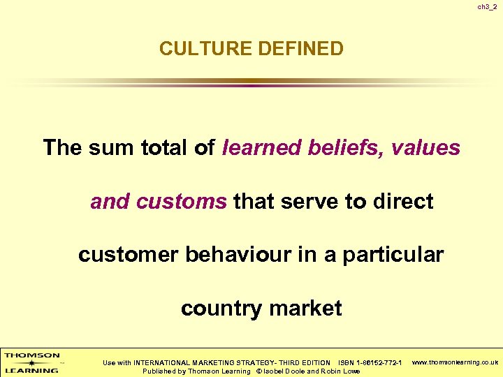 ch 3_2 CULTURE DEFINED The sum total of learned beliefs, values and customs that
