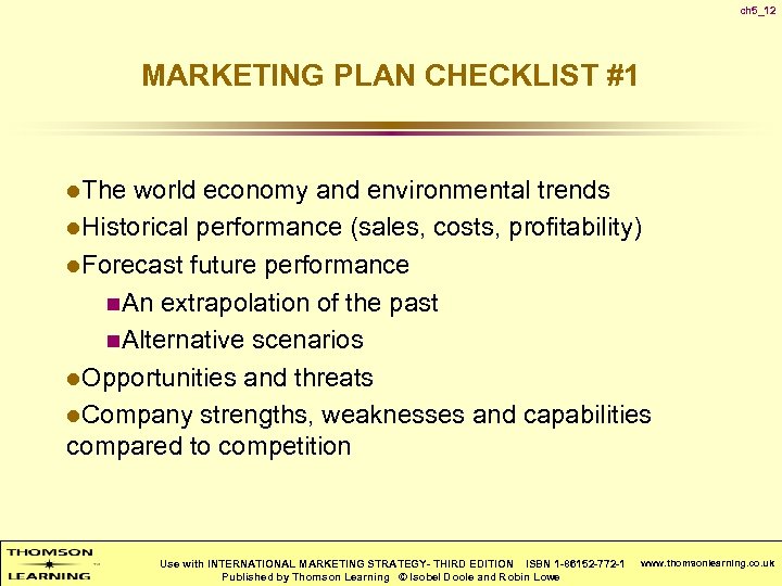 ch 5_12 MARKETING PLAN CHECKLIST #1 l. The world economy and environmental trends l.