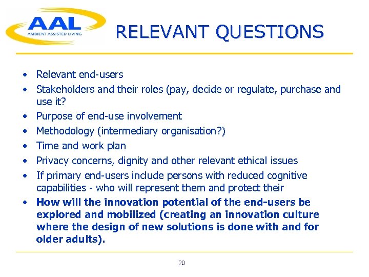 RELEVANT QUESTIONS • Relevant end-users • Stakeholders and their roles (pay, decide or regulate,