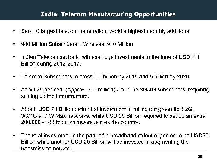 India: Telecom Manufacturing Opportunities • Second largest telecom penetration, world’s highest monthly additions. •