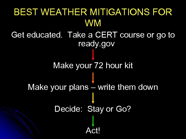 BEST WEATHER MITIGATIONS FOR WM Get educated. Take a CERT course or go to