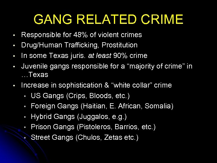 GANG RELATED CRIME • • • Responsible for 48% of violent crimes Drug/Human Trafficking,