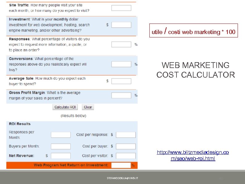 utile / costi web marketing * 100 WEB MARKETING COST CALCULATOR http: //www. blitzmediadesign.