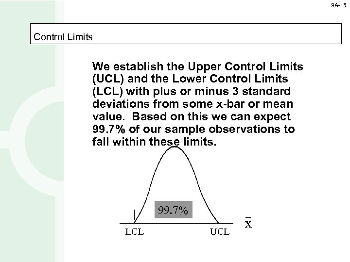 9 A-15 Control Limits We establish the Upper Control Limits (UCL) and the Lower