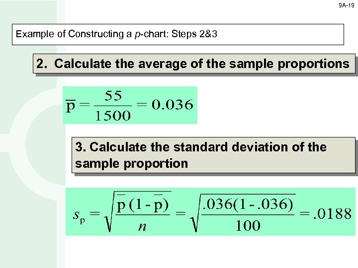 9 A-19 Example of Constructing a p-chart: Steps 2&3 2. Calculate the average of