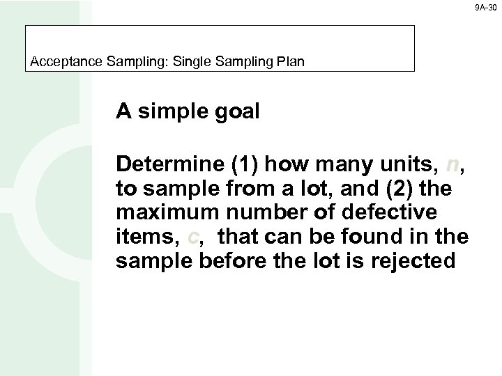 9 A-30 Acceptance Sampling: Single Sampling Plan A simple goal Determine (1) how many