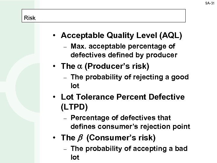 9 A-31 Risk • Acceptable Quality Level (AQL) – Max. acceptable percentage of defectives