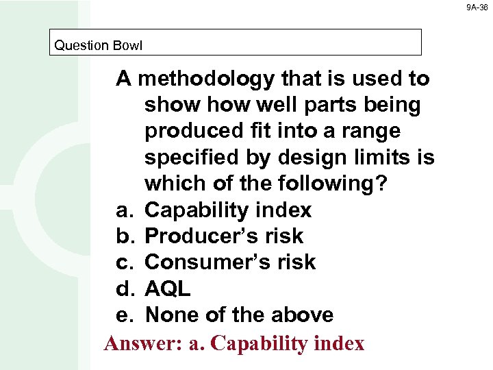 9 A-36 Question Bowl A methodology that is used to show well parts being