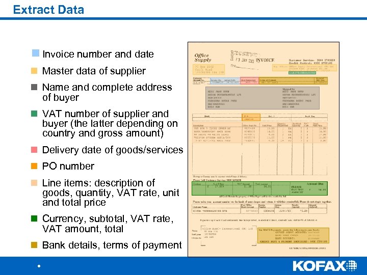 Extract Data Invoice number and date Master data of supplier Name and complete address