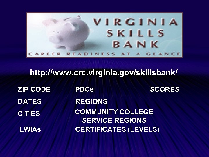 http: //www. crc. virginia. gov/skillsbank/ ZIP CODE PDCs DATES REGIONS COMMUNITY COLLEGE SERVICE REGIONS