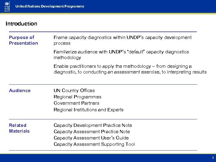 Introduction Purpose of Presentation Frame capacity diagnostics within UNDP’s capacity development process Familiarize audience