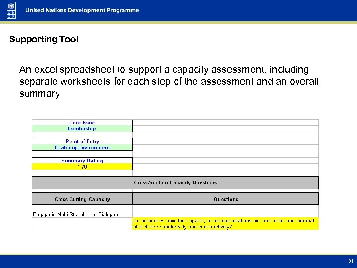 Supporting Tool An excel spreadsheet to support a capacity assessment, including separate worksheets for