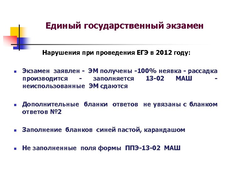Единый государственный экзамен Нарушения при проведения ЕГЭ в 2012 году: n n Экзамен заявлен