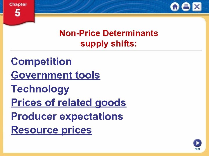 Non-Price Determinants supply shifts: Competition Government tools Technology Prices of related goods Producer expectations