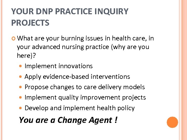 YOUR DNP PRACTICE INQUIRY PROJECTS What are your burning issues in health care, in