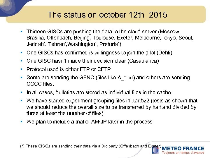 The status on october 12 th 2015 § Thirteen GISCs are pushing the data