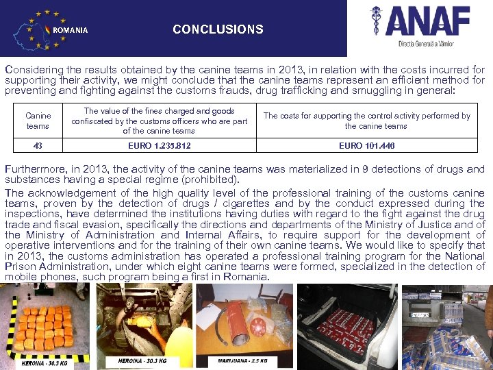 ROMANIA CONCLUSIONS Considering the results obtained by the canine teams in 2013, in relation