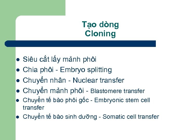 Tạo dòng Cloning l l l Siêu cắt lấy mảnh phôi Chia phôi -