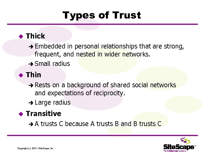 Types of Trust u Thick è Embedded in personal relationships that are strong, frequent,