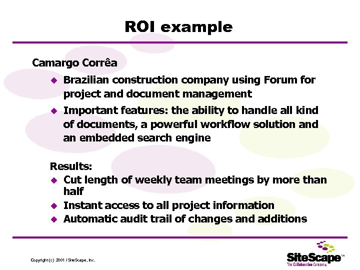 ROI example Camargo Corrêa u Brazilian construction company using Forum for project and document