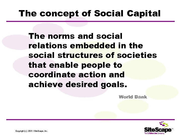 The concept of Social Capital The norms and social relations embedded in the social