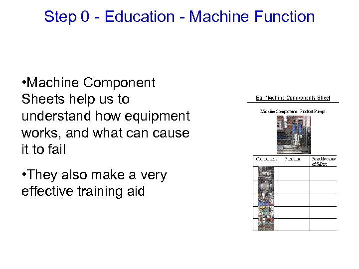 Step 0 - Education - Machine Function • Machine Component Sheets help us to